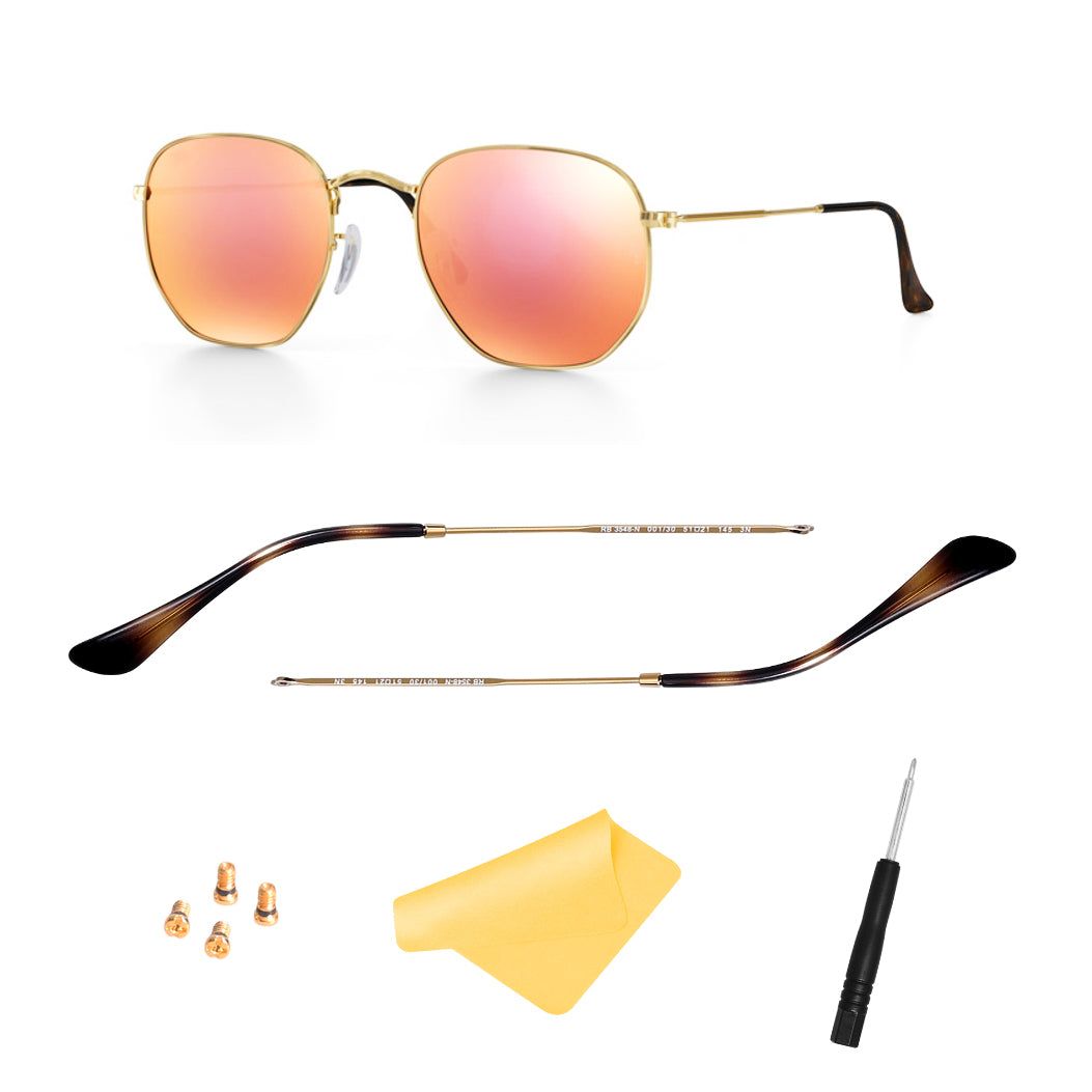 Replacement Temple Arm,Temple Tips for RB3447 RB3547N RB3548N RB3647N Sunglasses,with 4 Screws,1 Screwdriver (Golden arms&Brown tips)
