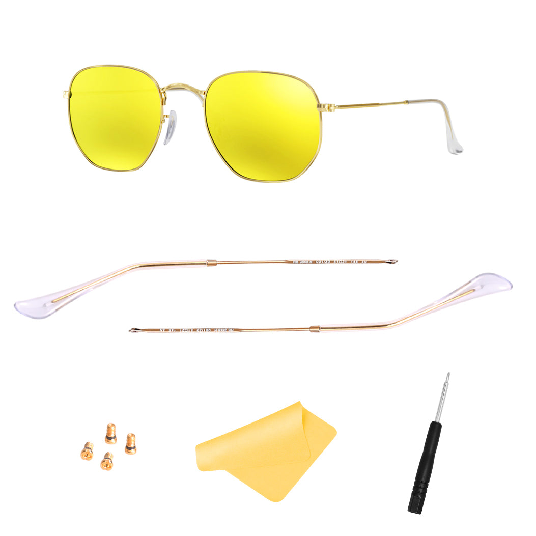 hengfento2 Replacement Temple Arm,Temple Tips for RB3447 RB3547N RB3548N RB3647N Sunglasses,with 4 Screws,1 Screwdriver (Golden arms&Clear tips)